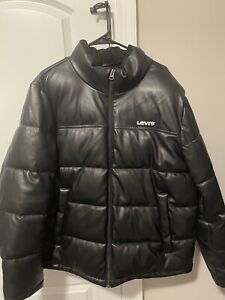 Levi's Bubble Puffer Coat Jacket Faux Leather Saddle XL black