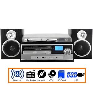 Trexonic 3-Speed Vinyl Turntable Home Stereo System with CD Player, FM Radio, Bl