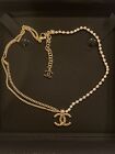 CHANEL Vintage Crystal Chain Necklace Gold Plated CC Logo Pendant with Box