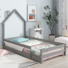 Wood Floor Bed Frame With House Shaped Headboard Guardrails Twin Size For Kids