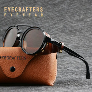 Mens Womens Sunglasses Vintage Steampunk Side Shields Leather Round Retro Shades