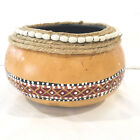 2004 Brown White Rope Beads Hand Painted Carved Gourd Bowl Folk Art