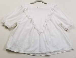 A.n.a Top Womens Large White Short Sleeve Ruffles Babydoll Blouse Spring Cottage
