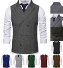 Formal Men Double-Breasted Herringbone Waistcoat Tweed Vest Wedding Vintage Wool