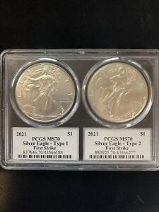 2021 Type 1 and Type 2 American Silver Eagle Set, PCGS MS70, First Strike