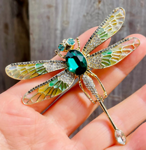 Moving Wings Dragonfly Brooch Green Rhinestone MOVEABLE Dragonfly Brooch Pin