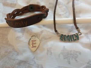 Emily Girls Jewelry Lot Braided Leather Wristband E Charm and Necklace