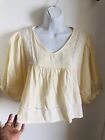 Ivory Baby Doll Cropped Short Puff Sleeve Blouse Top Lace Detail 100% Cotton XL