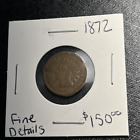 1872 Fine Details Indian Head Cent Penny Coin Better Date Fine Details Damaged