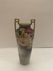 NIPPON HAND PAINTED VASE FLORAL With GOLD DOUBLE HANDLES 9”