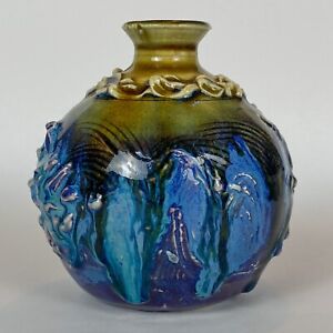 MCM Brutalist Hand Thrown Studio Art Pottery Bud Vase Textured Blue Purple Green