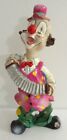 ANTIQUE VINTAGE CLOWN FIGURINE PLAYING ACCORDIAN HAPPY PINK HAT GREEN PANTS