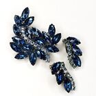 Juliana D&E Brooch Earrings Set Blue Marquise Rhinestones Curved Ribbon Leaf VTG