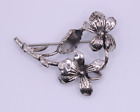 Vintage Unsigned Sterling Silver Violet Flower & Leaves Floral Pin Brooch