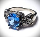 Sterling Silver Ring 2.5ct London Blue Topaz Marcasite 925 Size 7.75 Vintage