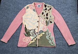 Storybook Knits Sweater Medium Pink Cardigan Jaguar Cheetah Grandma Cottage Core