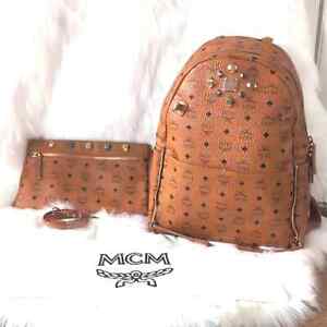 Authentic MCM Visetos Large Dual Stark Studded Backpack 3 in 1 Bag In Cognac