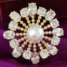 Natural 10-11mm White Pearl Crystal Flower Brooches 18KGP For Women
