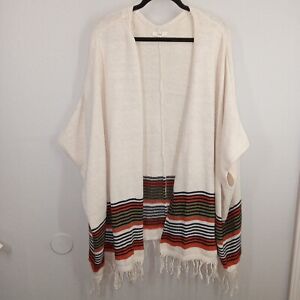 Easel Beige Striped Mid-Weight Knit Fringed Open Cardigan Poncho Western Small