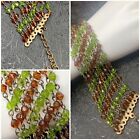 Vintage peridot green amber tone multi strand glass beaded bracelet 7-9.5”