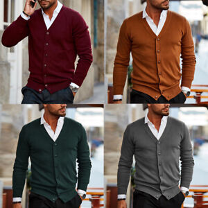 Mens Cardigan V Neck Long Sleeve Plain Supersoft Warm Button Up Classic Sweater