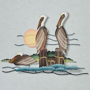Pelican Trio Coastal Bird Ocean Fruitwood Metal Beach Wall Art Sculpture