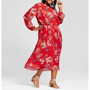 Size 1X 16W RED ELEGANT FLORAL PRINT COLD SHOULDER PLEATED DRESS Plus Size