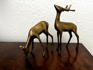 Vintage Set 2 Brass Deer  & Doe Decor Figurines MCM - 4.5 & 6 Inch