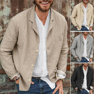 Men's Long Sleeve Cotton Linen Lapel Blazer Jacket Button Cardigan Shirts ❀