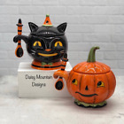 Johanna Parker Spooky Halloween Bowl & Spoon Black Cat & Jack O Lantern Pumpkin
