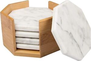 White Carrara Marble Coasters with Bamboo Holder, Set of 5 - Great Gift