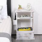 Whitewashed Wood End Table with Magazine Holder & Remote Control Holder Rack