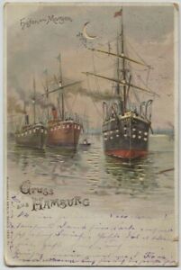 1899 Gruss Aus Hamburg Steamships Hold to the Light Germany Postcard