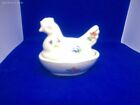 Miniature nesting hen ceramic white with flowers
