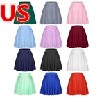 US Women's Flared Skirts Basic Pleated A-line Mini Skirt Elastic Waistband Skirt