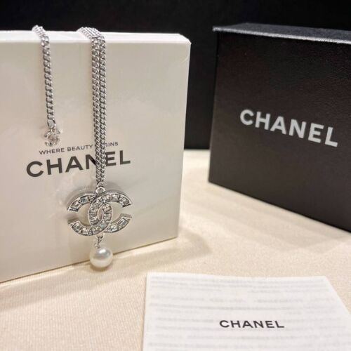 Chanel pearl rhinestone silver tone necklace