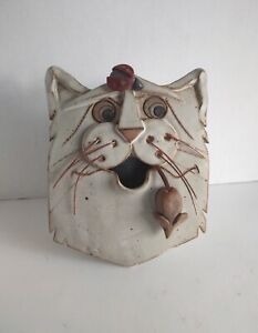 Studio Art Pottery Cat Birdhouse Artist Signed Wall Mount 7.75