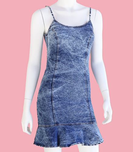 00s Acid Wash Blue Jean Spaghetti Strap Mini Dress Size Small Denim Summer Dress