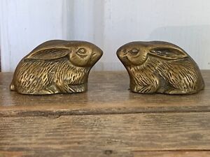 Pair Solid Brass Bunny Rabbit Figurines Paperweights Easter Home Decor-Estate