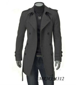 Men's Wool Blend Jacket Trench Coat Business Double Breasted Overcoat Slim Fit