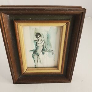 Small Ballerina Watercolor Painting Blue Gray Young Vintage Frame No Glass