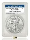 2021 W Silver Eagle Type 1 PCGS MS70 First Strike West Point Mint Blue Label