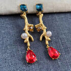 OSCAR DE LA RENTA Gorgeous Retro French Coral Pearl&Blue/Red CZ Clip On Earrings