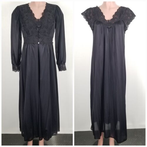 Vintage Shadowline Long Flowy Black Nightgown Peignoir Robe Set Small