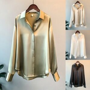 Womens Satin Silk Plain Shirt Ladies Casual Baggy Button-down OL Work Blouse Top