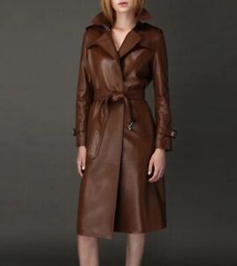 Women Brown Long Trench Soft Lambskin Leather Coat Over Coat