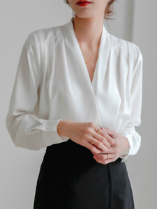 White Long Sleeve Women's Shirt Silk V-neck French Design Women' Summer Blouses
