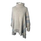Barefoot Dreams One Size Cozy Chic Beach Fringe Lounge Poncho Beige Blue Cuffs