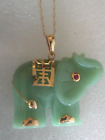 10K Gold Jade Carved Elephant Ruby Eye Pendant With 19.5