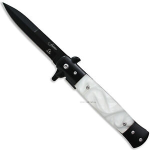 Falcon Black Stainless Spring Assisted Stiletto Knife w White Pearl Scales